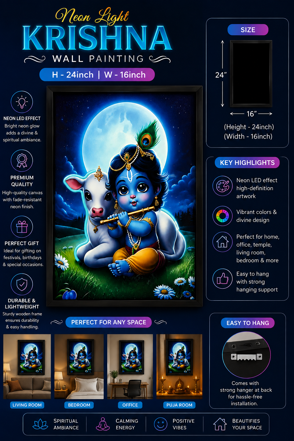 Bal Krishna Wall Painting | Cute Krishna Ji with Cow Religious Wall Art Decor