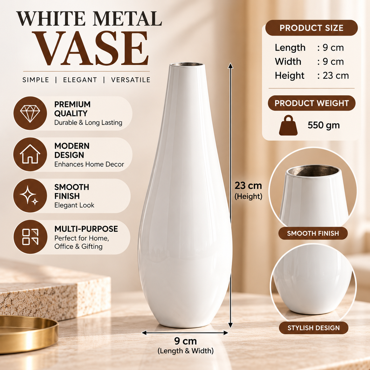 White Metal Decorative Vase for Home Décor | Modern Stylish Flower Vase