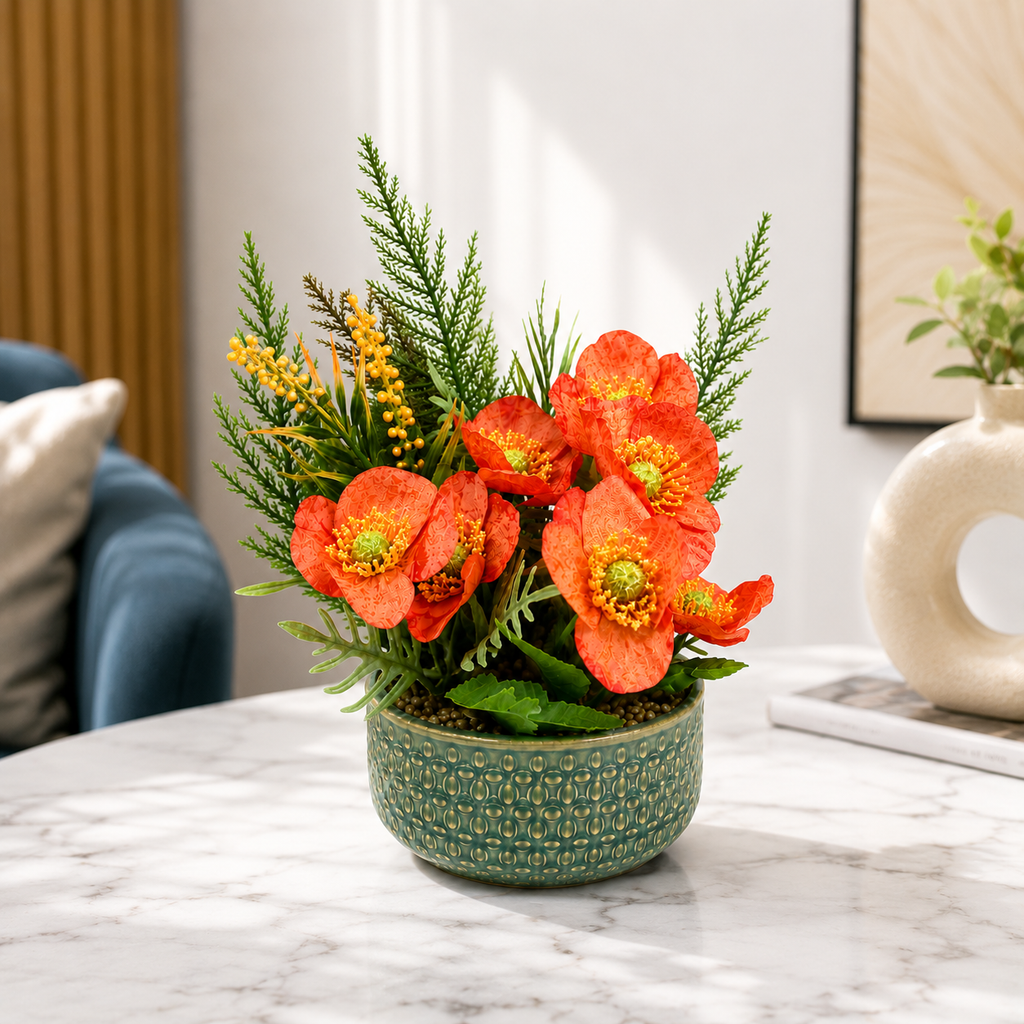 Ceramic Artificial Flower Pot with Orange Flowers 9 x 5 Inch Home Décor