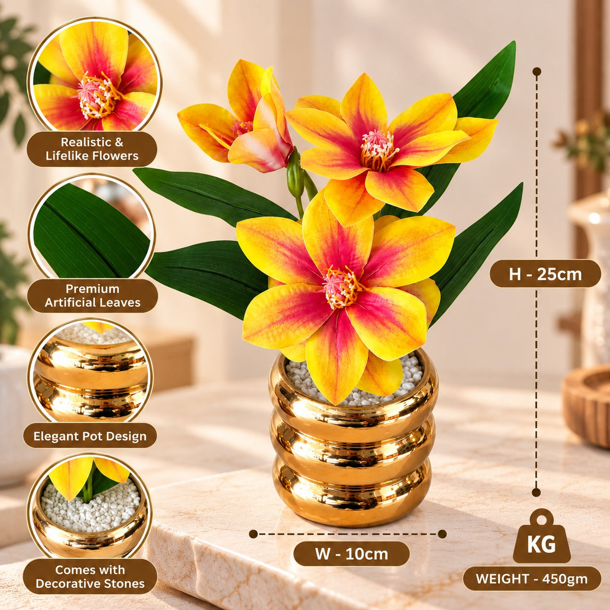 Artificial Yellow and Pink Flower Pot with Golden Decorative Vase