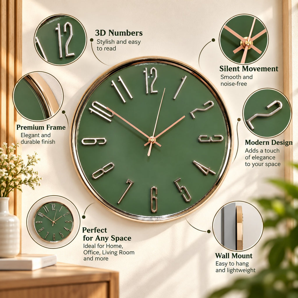 Green and Gold Silent Wall Clock for Home Décor