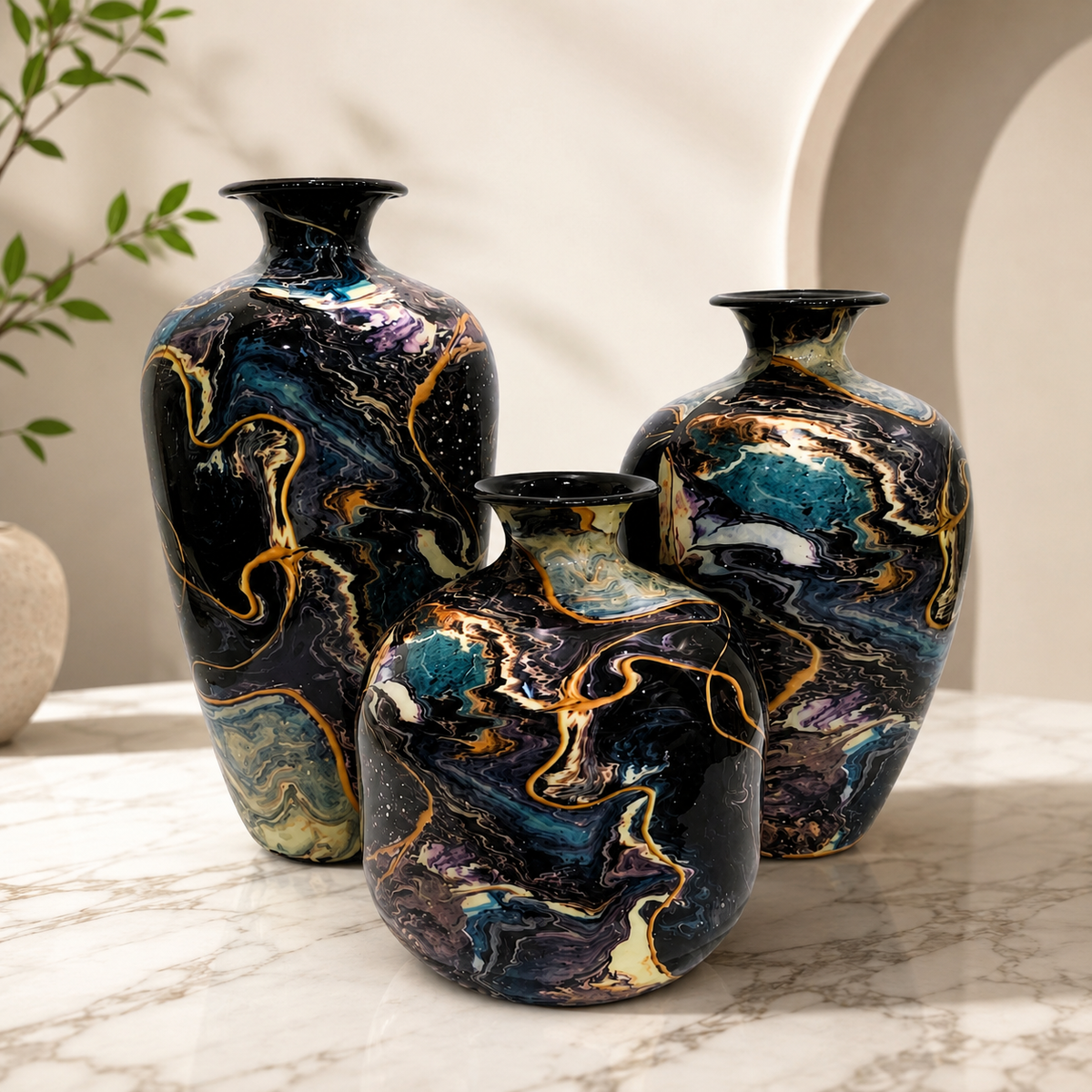 Premium Metal Vase Set of 3 | Abstract Marble Finish Decorative Vases for Home Décor