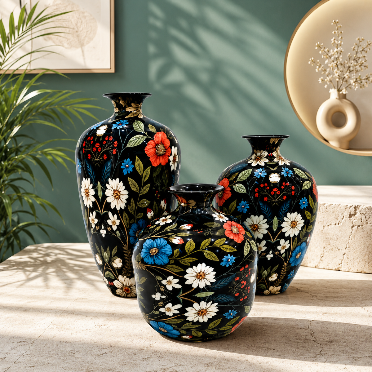 Premium Decorative Metal Vase Set of 3 | Black Floral Design Home Décor Vases