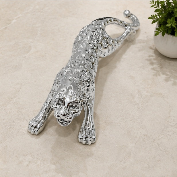 Silver Plated Panther Showpiece 30 x 9 cm Resin Animal Figurine for Home Décor