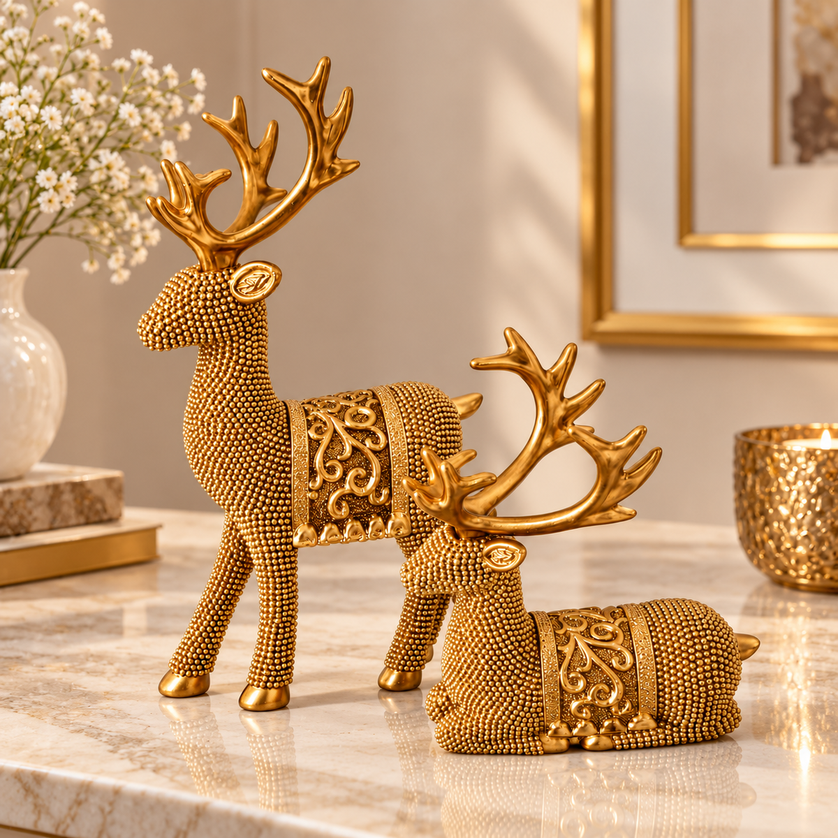 Golden Deer Figurine Set with Elegant Antlers | Decorative Deer Showpieces