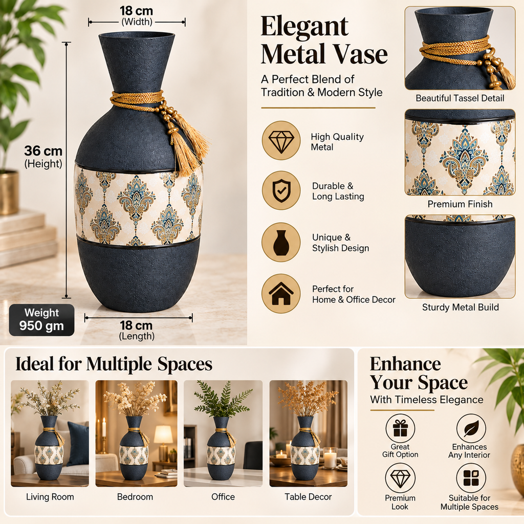 Elegant Grey Metal Decorative Vase with Golden Tassel & Premium Pattern