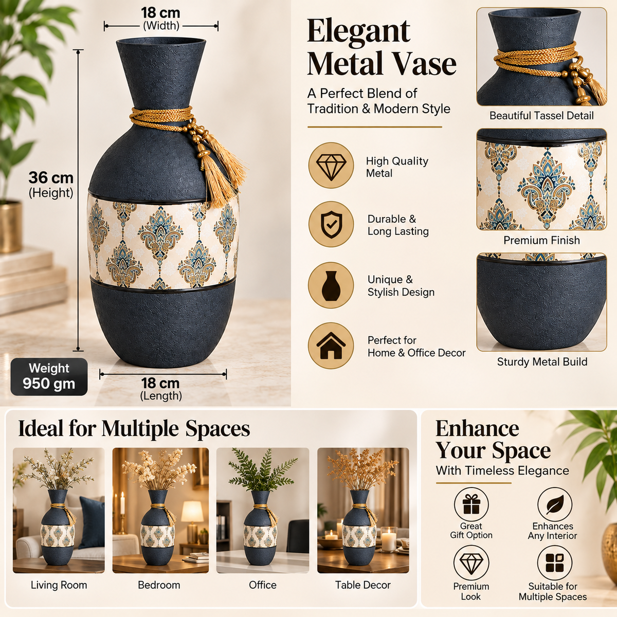 Elegant Grey Metal Decorative Vase with Golden Tassel & Premium Pattern