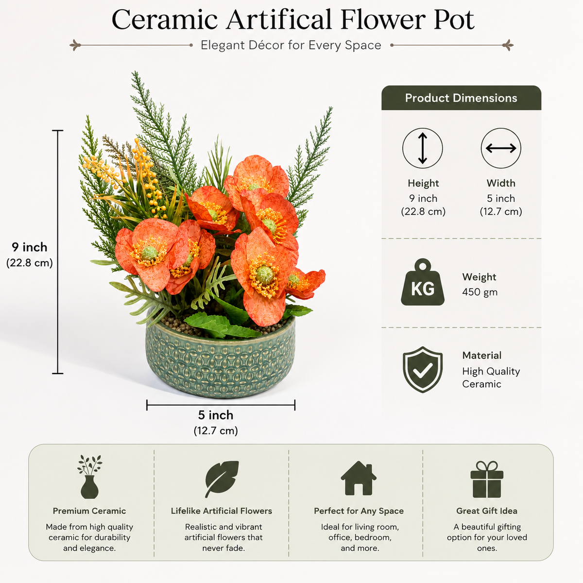 Ceramic Artificial Flower Pot with Orange Flowers 9 x 5 Inch Home Décor