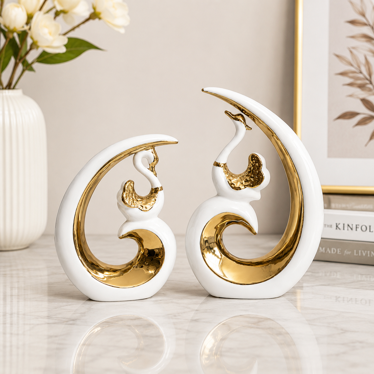 White & Gold Ceramic Showpiece Set of 2, 11 x 11 Inch Home Décor