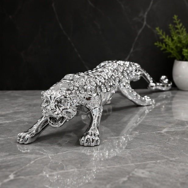 Silver Plated Panther Showpiece 30 x 9 cm Resin Animal Figurine for Home Décor