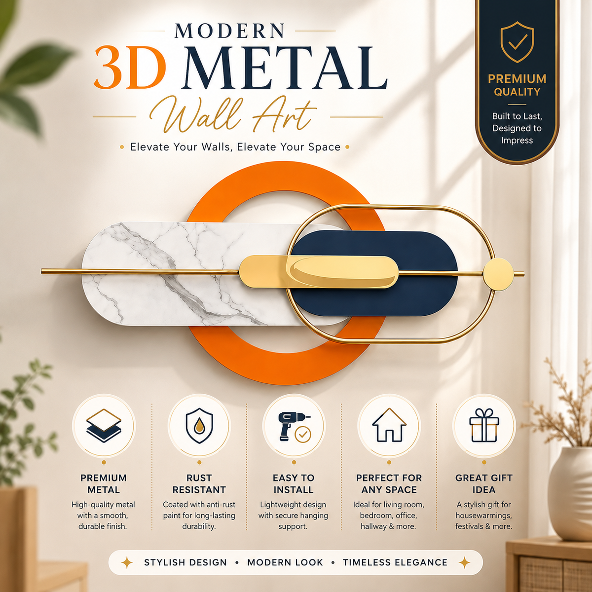 Modern Metal Wall Art 54×22 Inch | Rust-Proof Iron Abstract Geometric Wall Decor