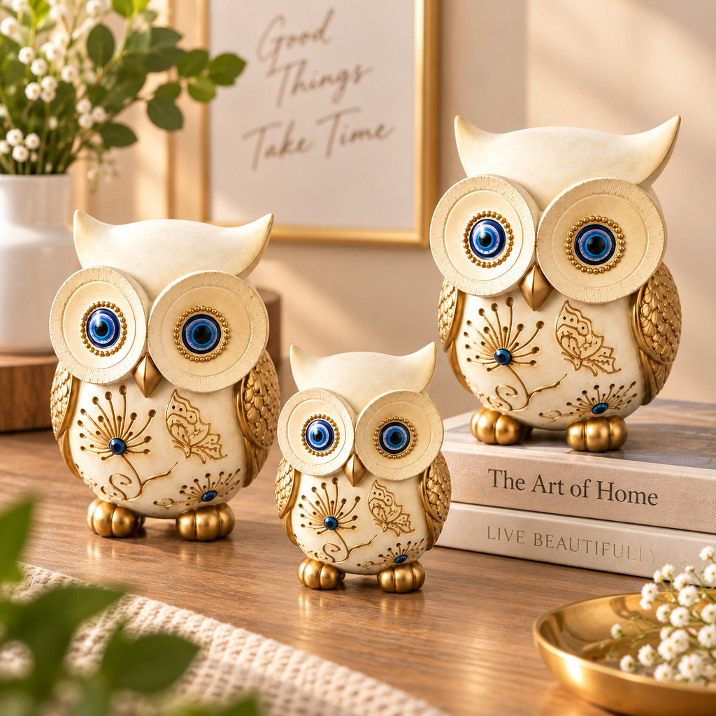 Three Piece Owl Showpiece Set for Home Decor | Elegant Decorative Owl Figurines