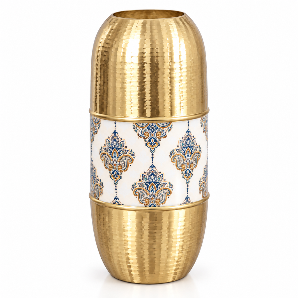 Golden Metal Decorative Vase with Hammered Finish & Premium Pattern for Home Decor