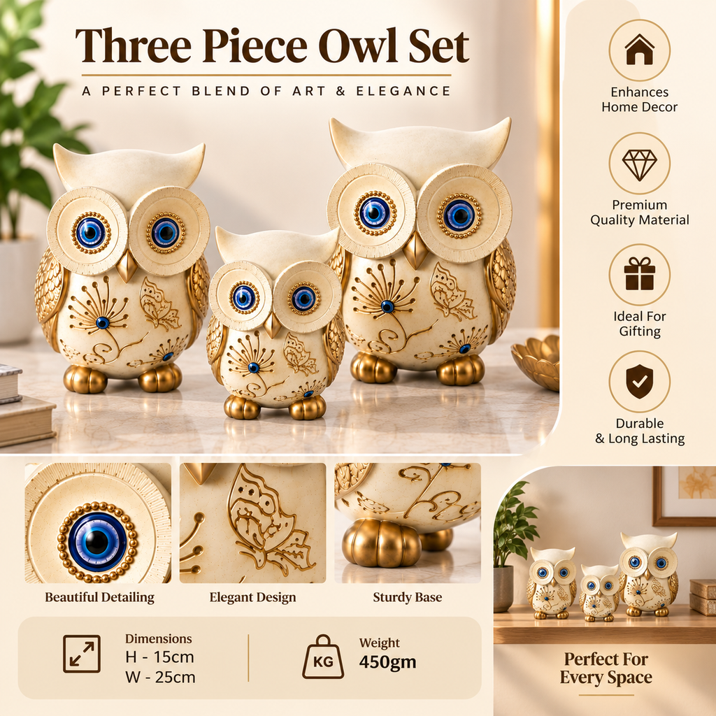 Three Piece Owl Showpiece Set for Home Decor | Elegant Decorative Owl Figurines