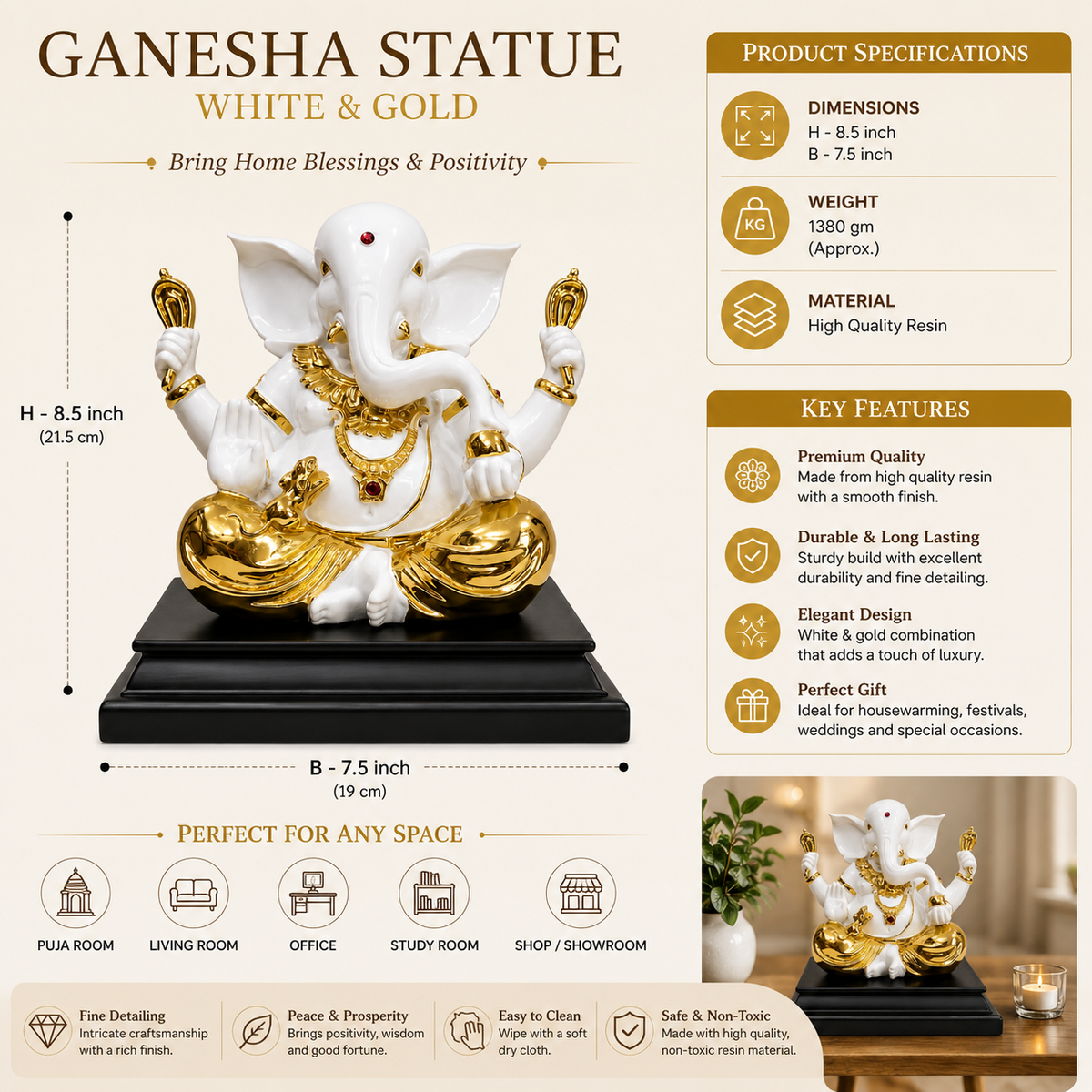White & Gold Ganesha Statue 10 x 8 Inch Resin Idol with Black Stand for Home Decor & Pooja Room