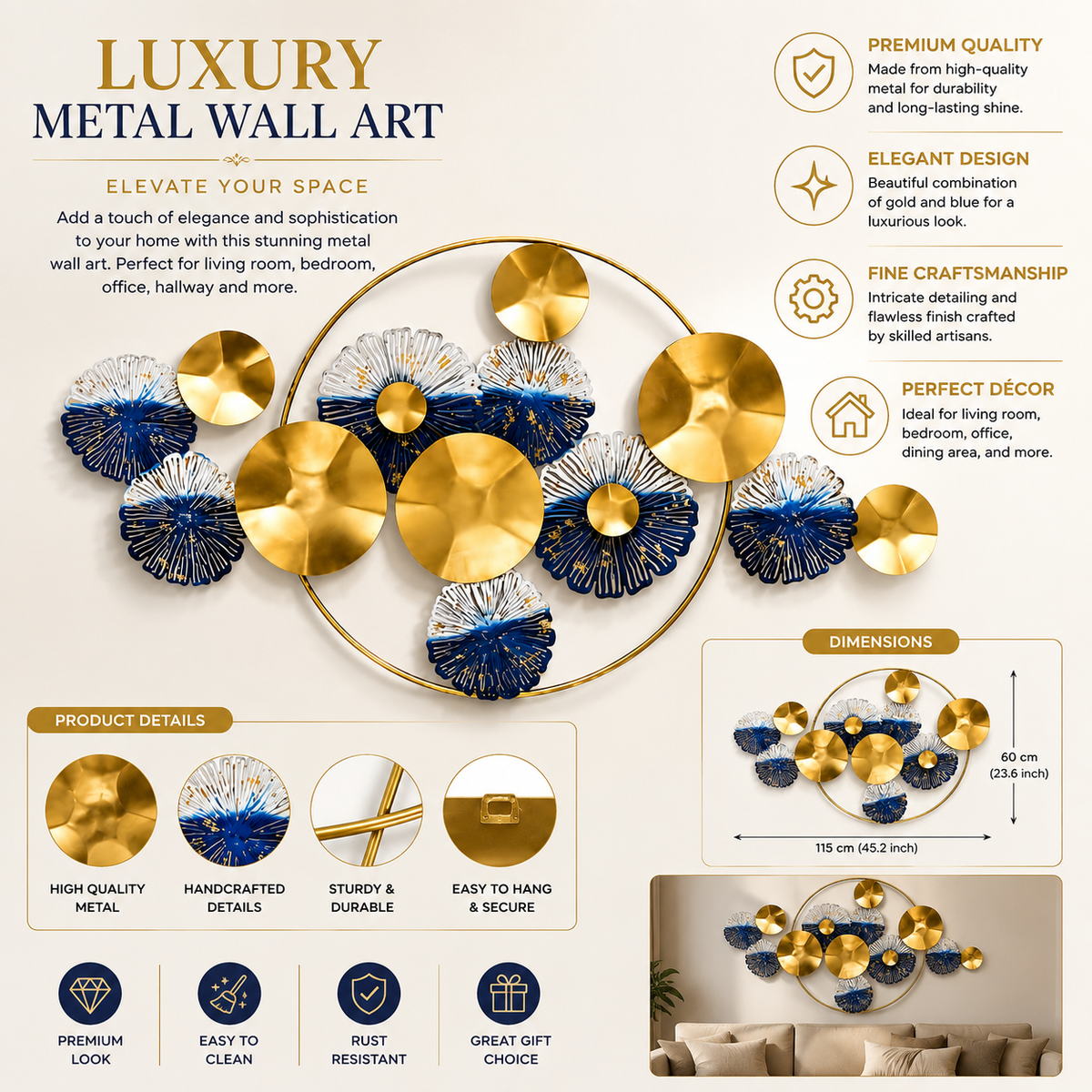 Luxury Metal Wall Art 30×50 Inch | Gold & Blue Iron Wall Decor for Living Room