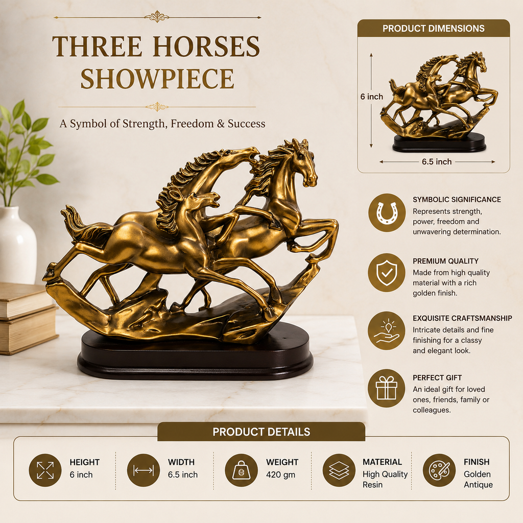 Three Horses Showpiece 6 x 6.5 Inch Golden Horse Figurine with Black Base