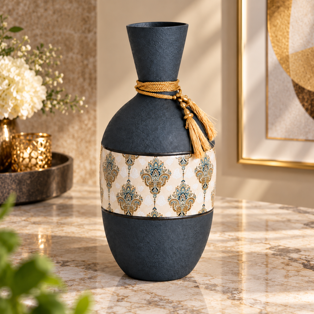 Elegant Grey Metal Decorative Vase with Golden Tassel & Premium Pattern