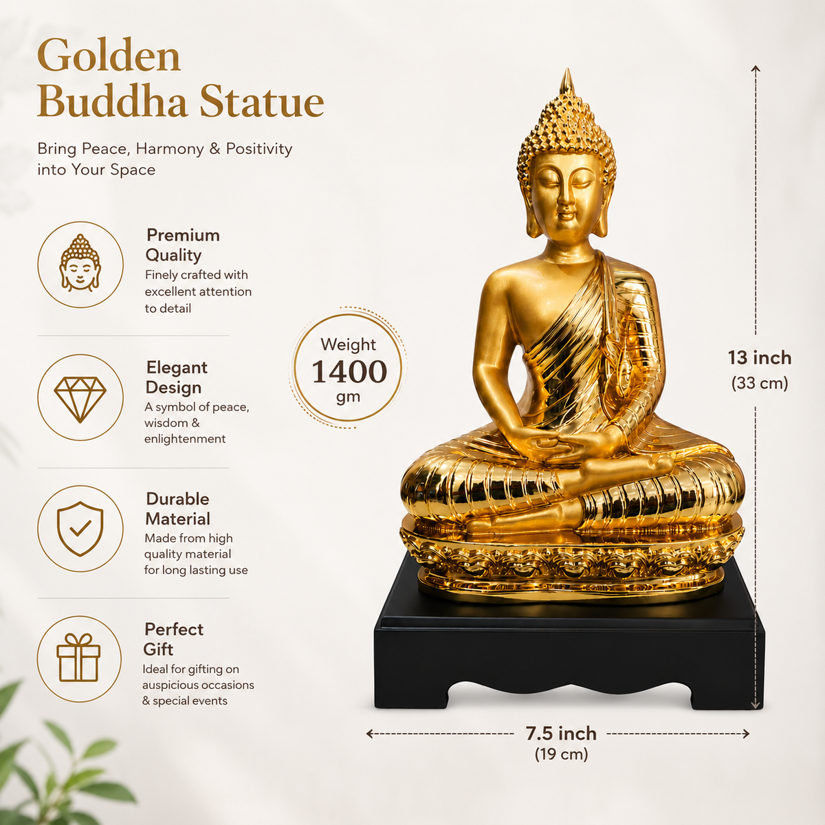 Golden Buddha Statue 13 x 7.5 Inch Decorative Idol with Black Stand for Décor