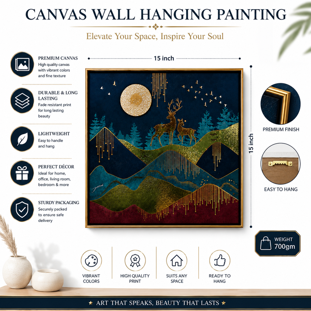 Deer Landscape Canvas Wall Hanging Painting with Wooden Frame 15 x 15 Inch