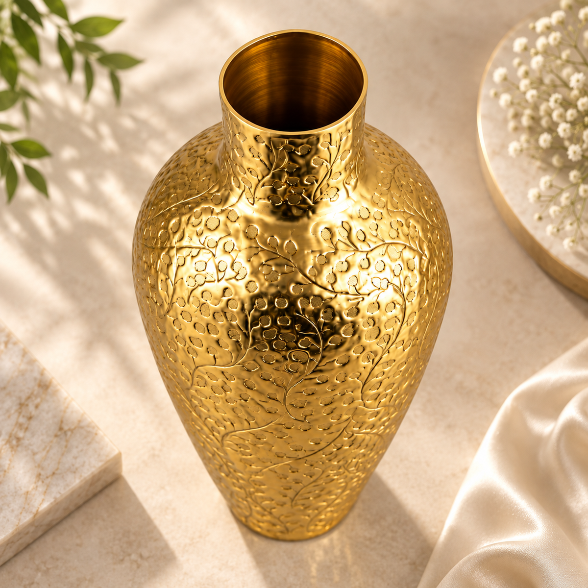 Golden Metal Decorative Vase with Embossed Floral Design – 21 × 21 × 39 cm