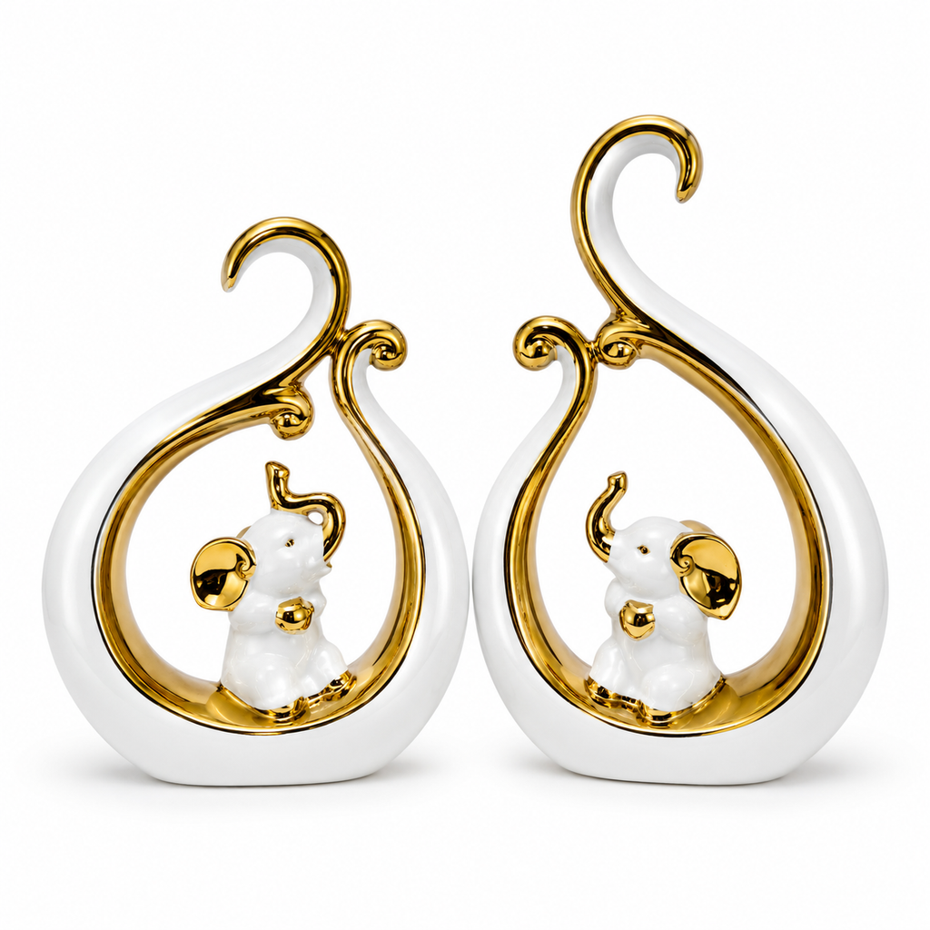 White & Golden Elephant Couple Showpiece for Home & Office Décor