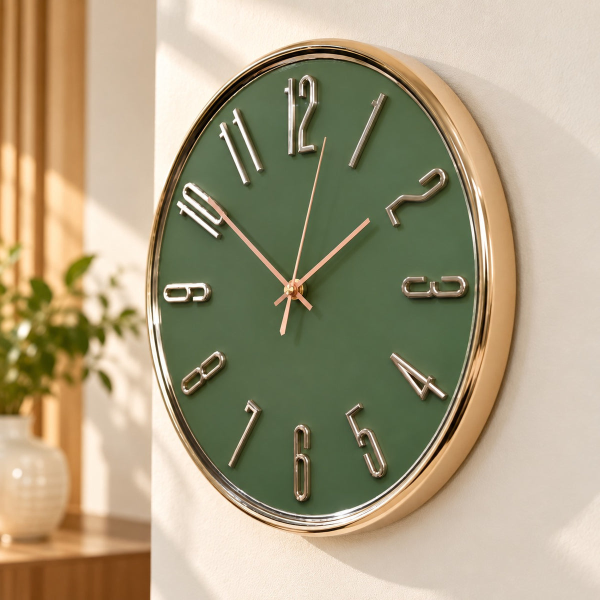 Green and Gold Silent Wall Clock for Home Décor