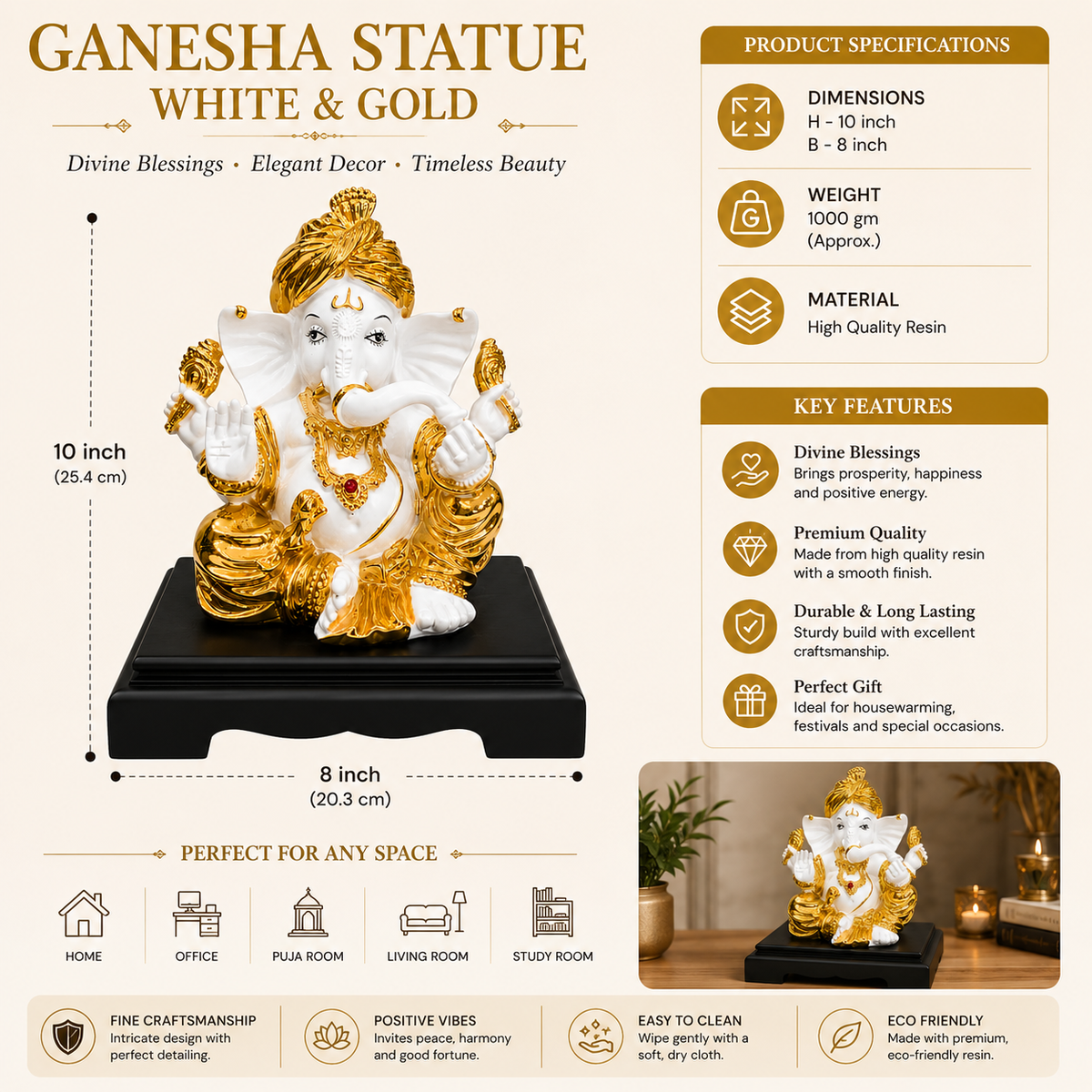 White & Gold Ganesha Statue 8.5 x 7.5 Inch Resin Idol with Black Stand