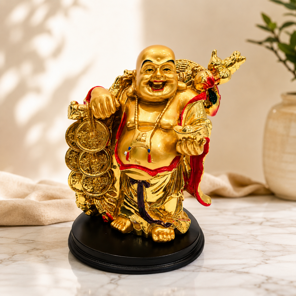 Gold Laughing Buddha Statue Resin Idol | 14 x 10.5 cm Home Décor & Gifting