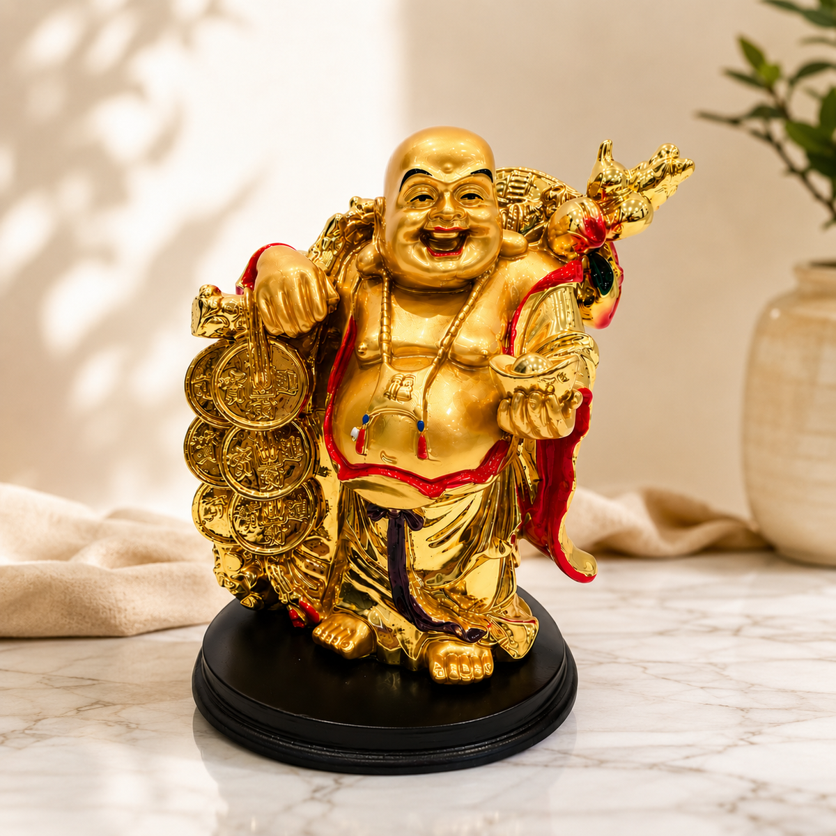 Gold Laughing Buddha Statue Resin Idol | 14 x 10.5 cm Home Décor & Gifting