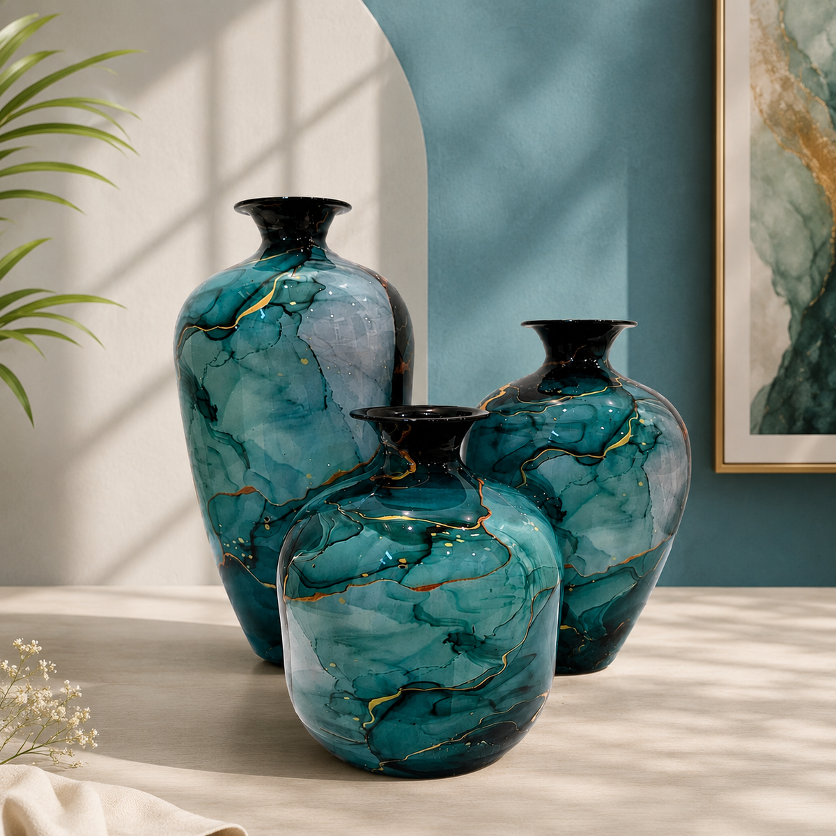 Premium Metal Vase Set of 3 | Teal Blue Abstract Marble Finish Decorative Vases