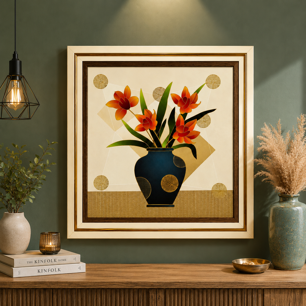 Orange Floral Canvas Wall Painting 15 x 15 Inch Framed Art for Home Décor