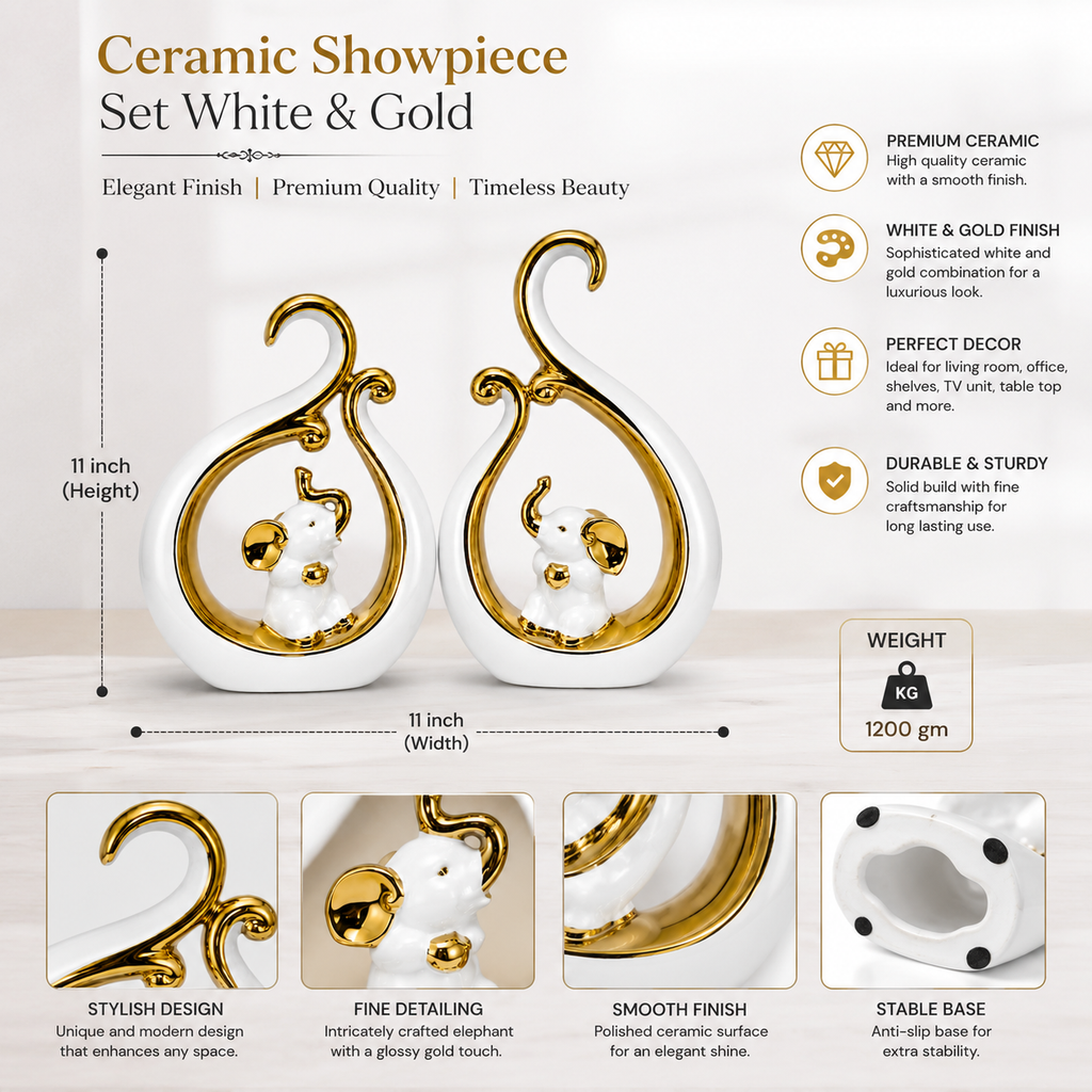 White & Golden Elephant Couple Showpiece for Home & Office Décor