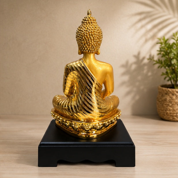 Golden Buddha Statue 13 x 7.5 Inch Decorative Idol with Black Stand for Décor