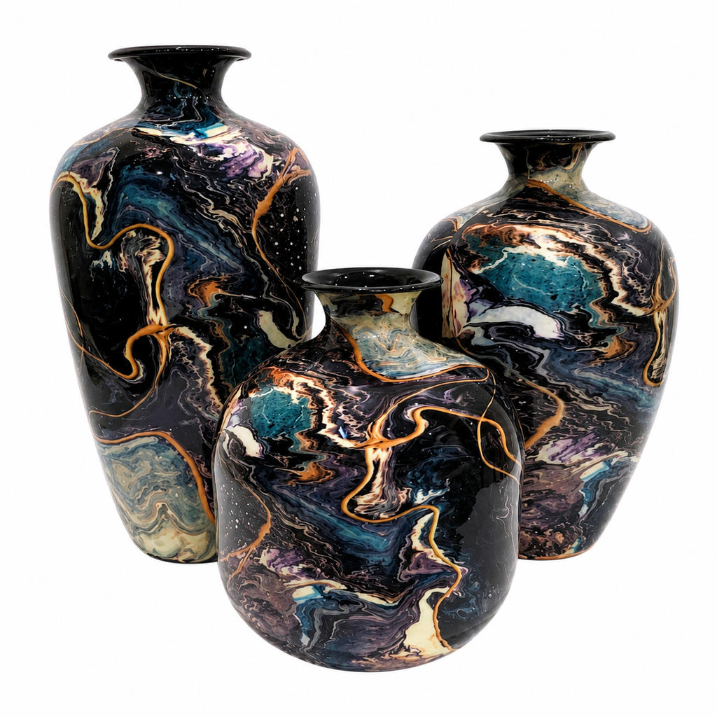 Premium Metal Vase Set of 3 | Abstract Marble Finish Decorative Vases for Home Décor
