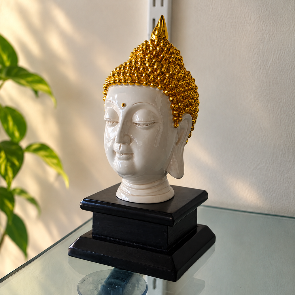 Buddha Face Showpiece White and Golden Decorative Statue