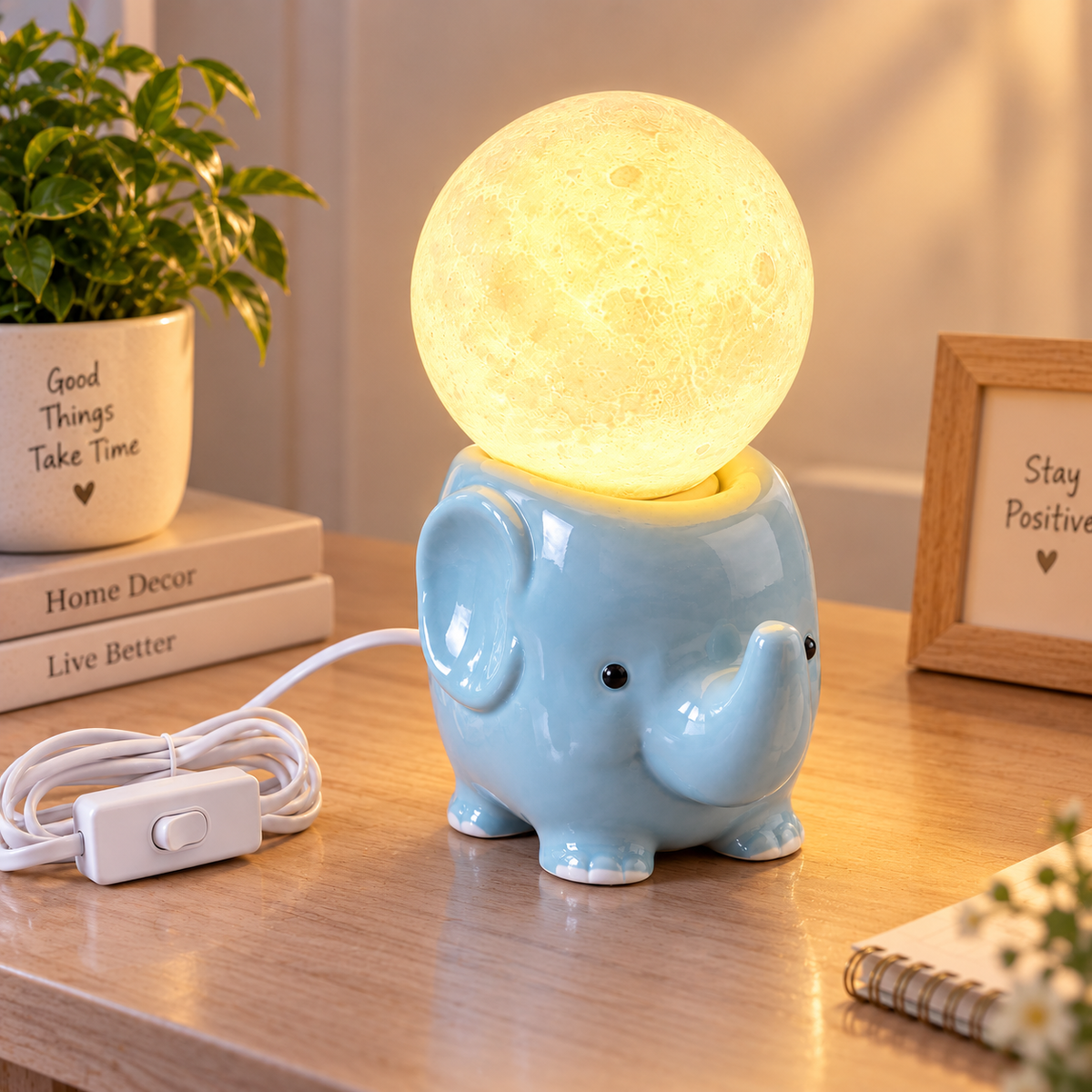 Cute Elephant Moon Lamp with Warm Light for Home & Kids Room Decor
