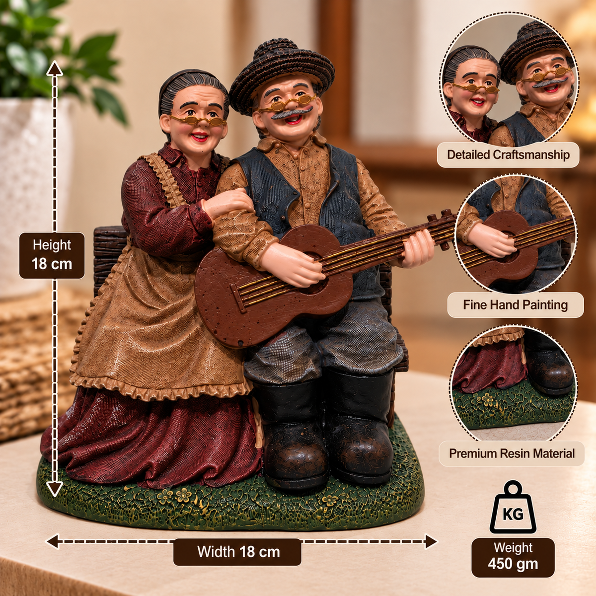Old Couple Playing Guitar Resin Showpiece for Home Décor