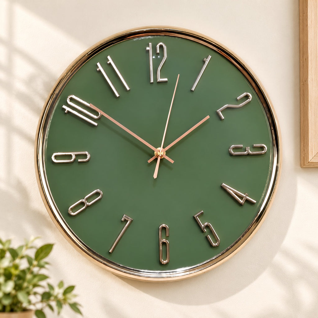 Green and Gold Silent Wall Clock for Home Décor