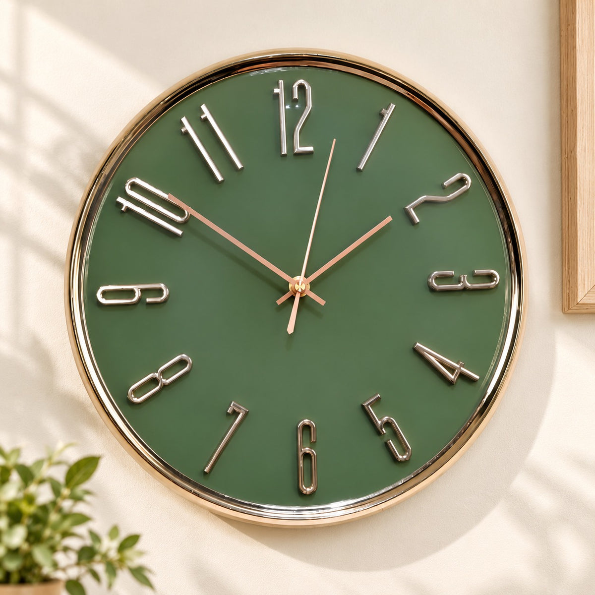 Green and Gold Silent Wall Clock for Home Décor