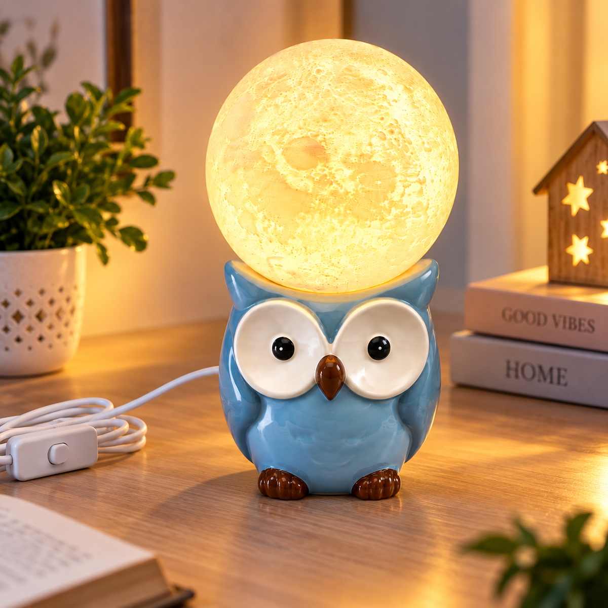 Cute Owl Moon Lamp with Warm Light | Blue Ceramic Owl Night Lamp