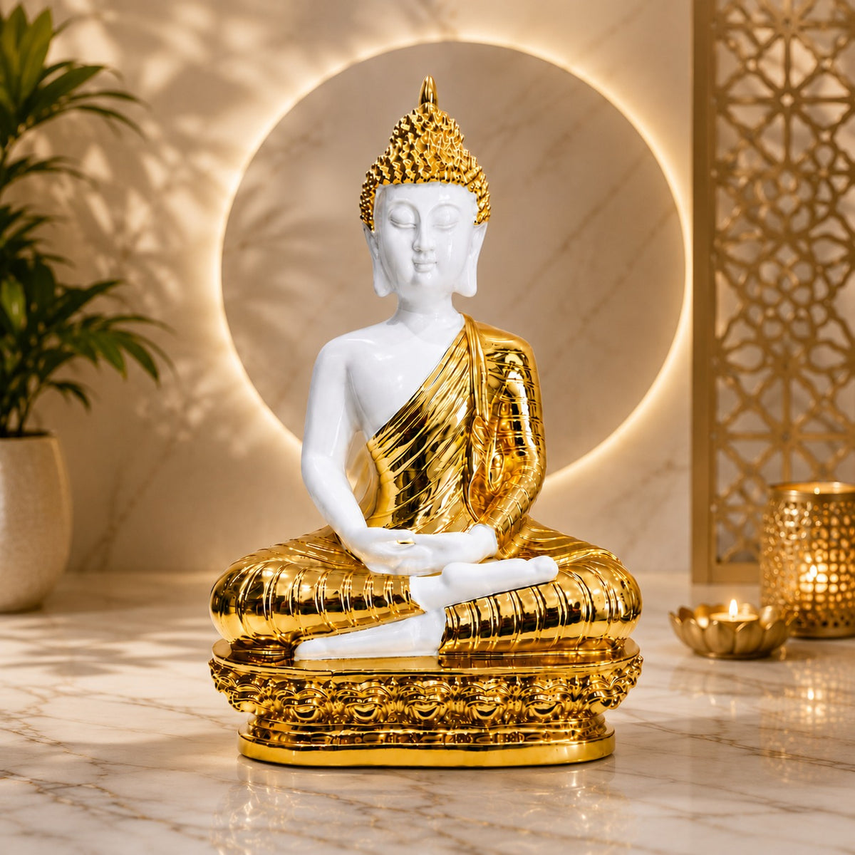 Golden & White Buddha Statue 13 x 7.5 Inch Decorative Idol for Home Décor