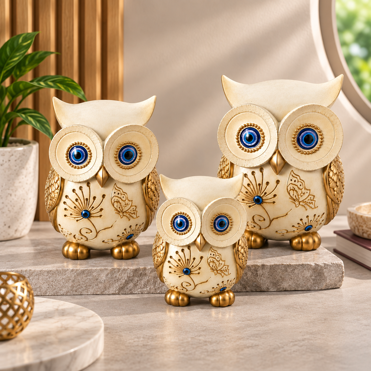 Three Piece Owl Showpiece Set for Home Decor | Elegant Decorative Owl Figurines