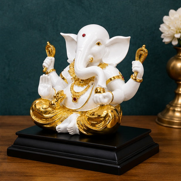White & Gold Ganesha Statue 10 x 8 Inch Resin Idol with Black Stand for Home Decor & Pooja Room