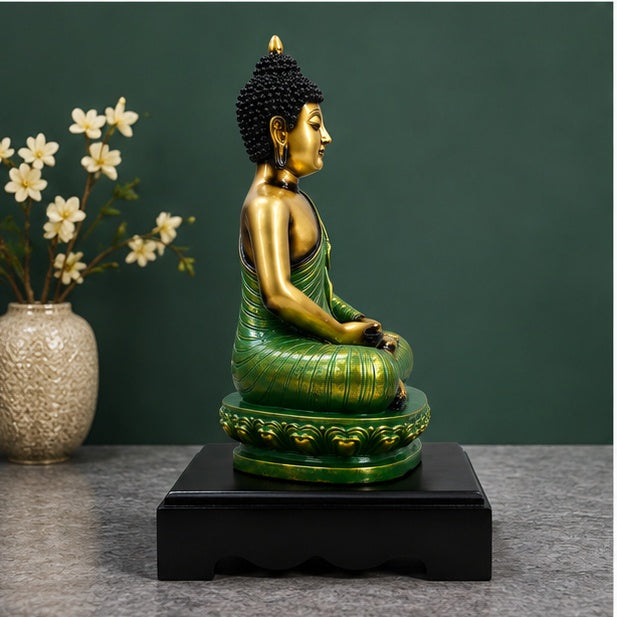 Green Buddha Statue Resin Meditation Idol | 33.02 x 19.05 cm Home Décor