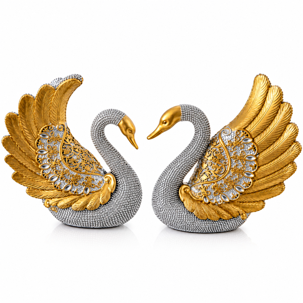 Silver Swan Decorative Showpiece Set | Elegant Swan Couple Figurines