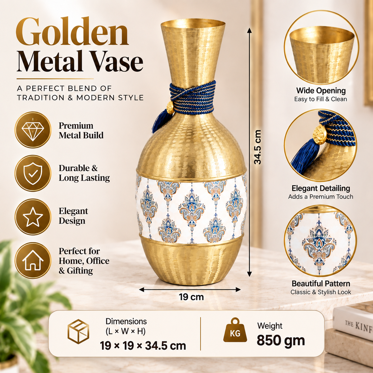 Golden Metal Decorative Vase with Blue Rope Detailing for Home & Office Decor