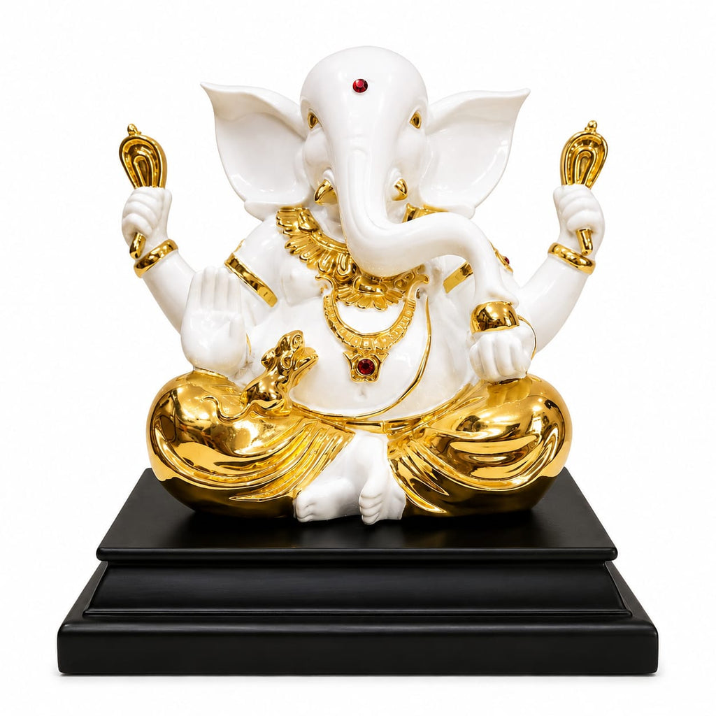 White & Gold Ganesha Statue 10 x 8 Inch Resin Idol with Black Stand for Home Decor & Pooja Room