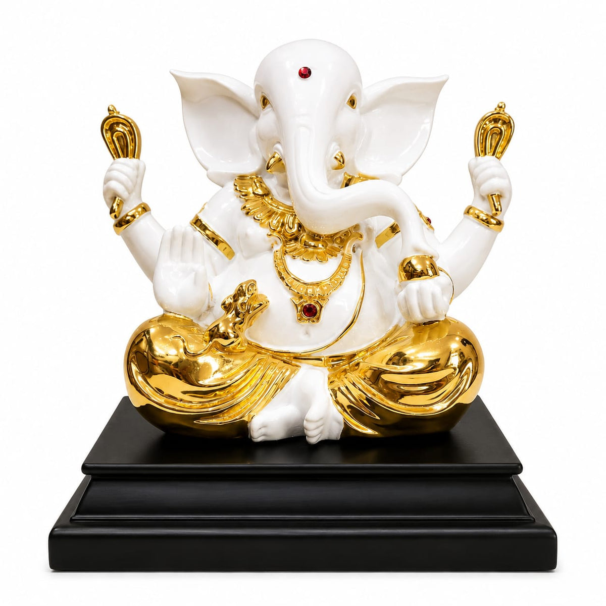 White & Gold Ganesha Statue 10 x 8 Inch Resin Idol with Black Stand for Home Decor & Pooja Room