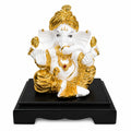 White & Gold Ganesha Statue 8.5 x 7.5 Inch Resin Idol with Black Stand